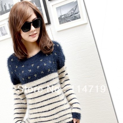 2013 NEW Sping Hot-selling Fashion women ladies Navy style embroidery stripe mohair sweater embroidery anchor goatswool knitwear