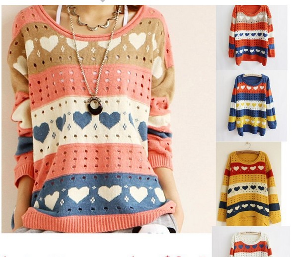 2013 New Spring Autumn CHIC Crew Neck Dipped Hem Loose Fit Top Batwing Sweater Jumper Five Candy Color Heart Stripe