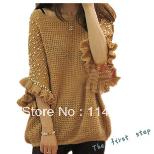 2013 New spring & autumn Hot-seling Fashion women clothing handmade pearl decoration beaded batwing shirt basic sweater knitwear