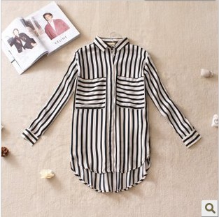 2013 new spring dresses Vintage vertical stripes and loose long-sleeved Chiffon Blouse Shirt cj418