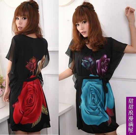 2013 New Spring Fashion design women's V-neck rose print viscose short-sleeve lady/woman dress summer red/purple/blue