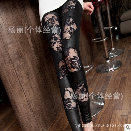 2013 new Spring  Fashion Stretch Black Lace Leather Pants Sexy Leggings Tights For Women 9193