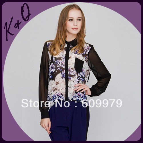 2013 new spring long-sleeved floral chiffon blouse asymmetry design for women size of S, M, L factory dropshipping