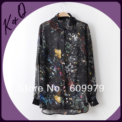 2013 new spring long-sleeved floral chiffon blouse for women size of S, M, L factory dropshipping