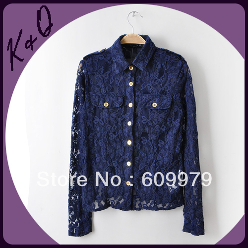 2013 new spring long-sleeved lace floral blue blouse for women size of M, L, XL factory dropshipping