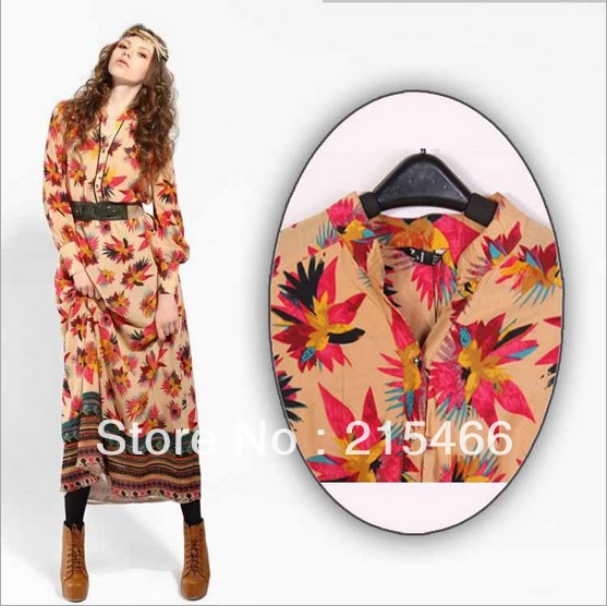 2013 New Spring Summer Autumn Lady's Ankle-Length Print Long Sleeve Cotton One-piece Dress Bohemian Belt S/M/L Free Shipping