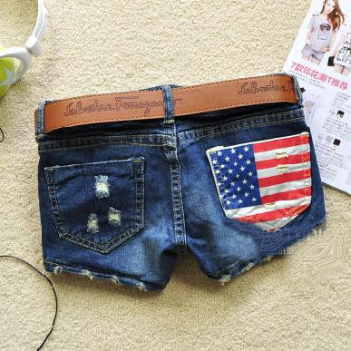 2013 new Spring Summer Women blue jeans low-waist short pants slim trousers denim shorts hot pants with flag female Size:S-XL