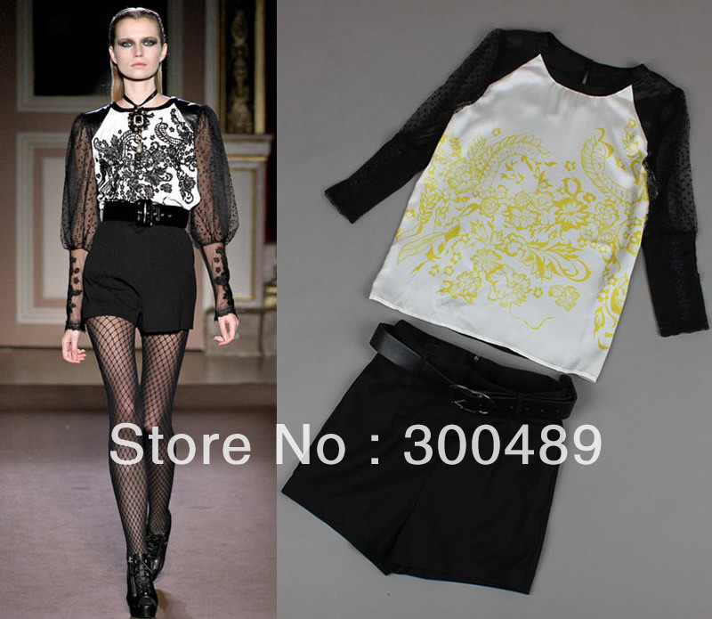 2013 new spring vintage luxury lace print shirt with short pants