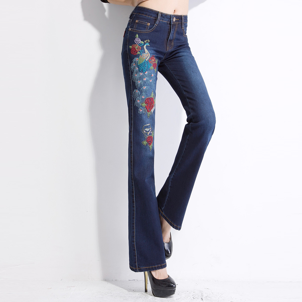 2013 new spring women clothing bell bottom jeans for women original design fashion national peacock embroidery jeans female