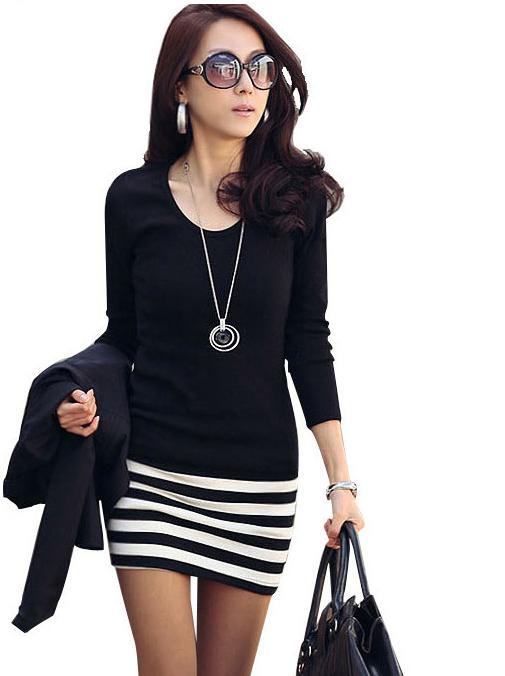 2013  NEW Spring women's slim stripe patchwork  basic shirt all-match long-sleeve dress