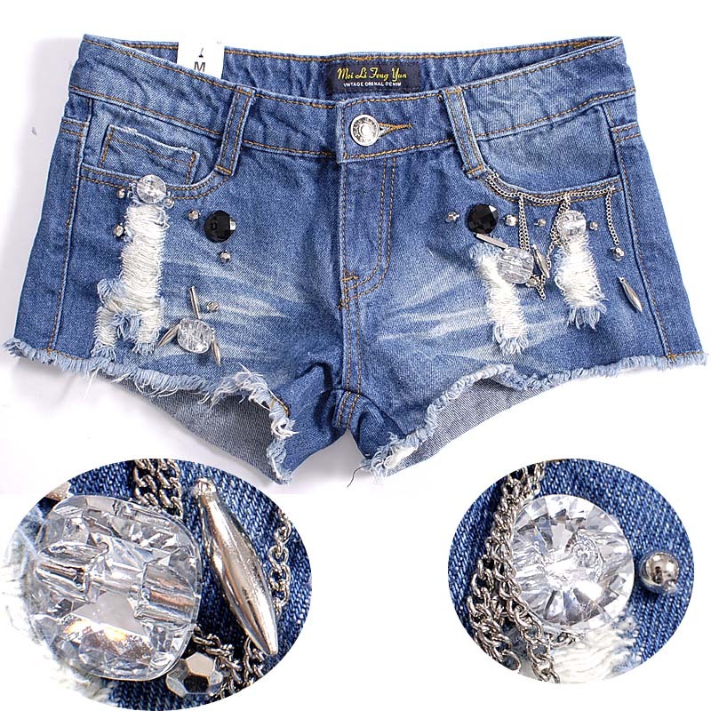 2013 new stick drill metal Mosaic torn burrs women's denim shorts fashion hot sale gial jeans free shipping 1044