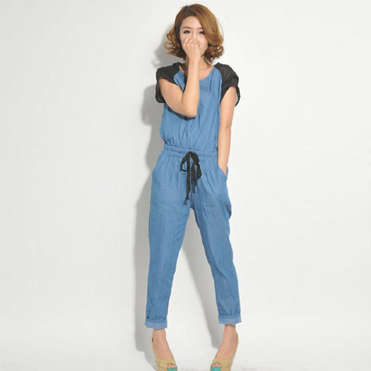 2013 New Style Blue Patchwork Short Sleeve Denim Jumpsuits For Women Elastic Waist Lace-up With Pockets Drop Shipping