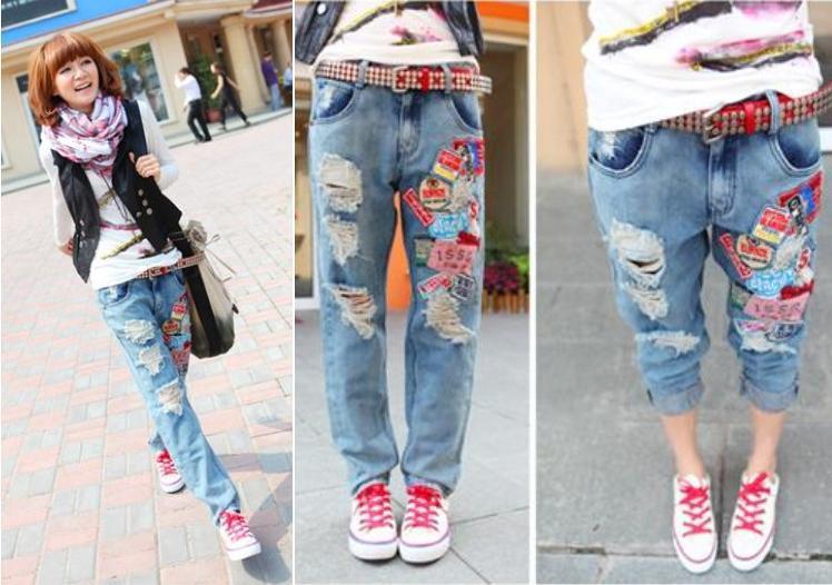 2013 New Style Female Harem Jeans Clever Patch Hole Plus Size Colored Jeans For Women WF13022701