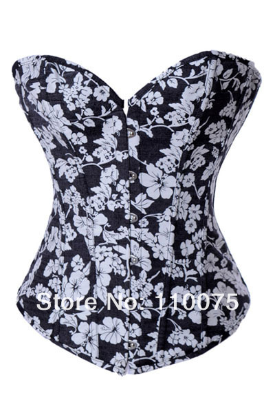 2013 NEW STYLE--Lowest Price--Lovely Lingerie Black White Floral Denim Steel Front Lace-up Corsets Bustiers Sexy Shapers