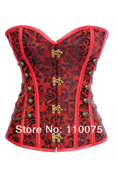 2013 NEW STYLE--Lowest Price--Sturdy Antique Red Clasp Steel Steampunk Overbust Corset Metal Button Chain Bustiers S M L XL