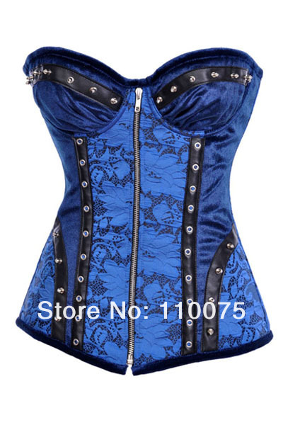 2013 NEW STYLE--Lowest Price--Womens Blue Black Punk Gothic Front Zipper Padded Bra Boned Corset Bustiers Tops Size S M L XL