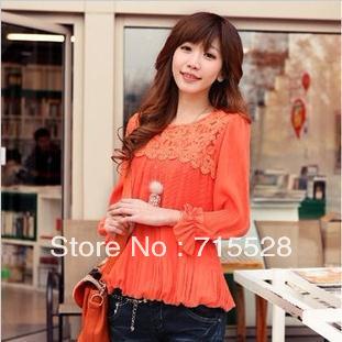 2013 New Style Spring O Neck Slim Lace Pleated Blouses For Lady Orange Wholesale Retail Free Shipping Promotion 164100