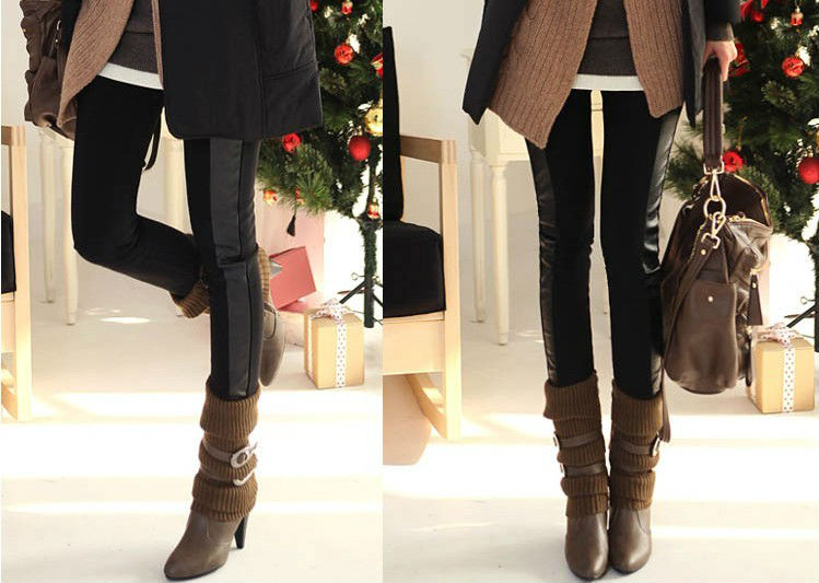 2013 New style women' fashion European hot sale cotton add Fuax Leather patchwork Ninth pants render pants