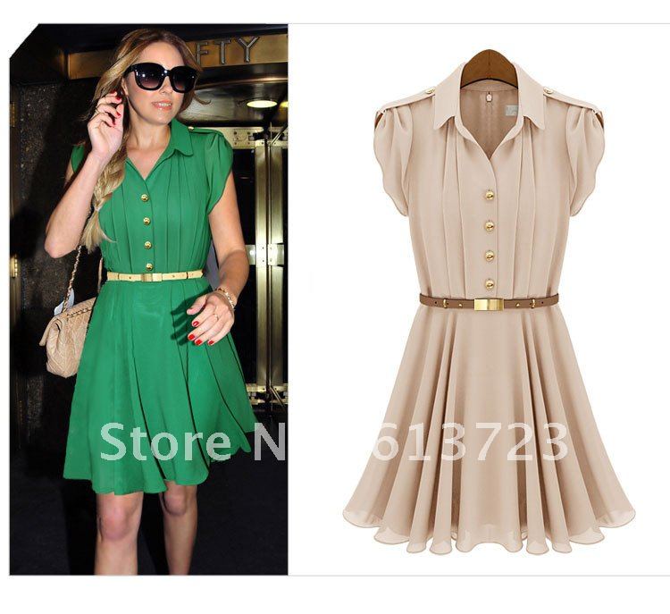 2013 New Summer Dress High End Elegent Women Chiffon Short-sleeve Dress with Matching Sashes Lady Fashion Cute Short Skirt 483