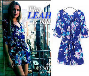 2013 new summer fashion beach cover ups blue chiffon floral print pattern flowers loose jumpsuit women romper short easywear