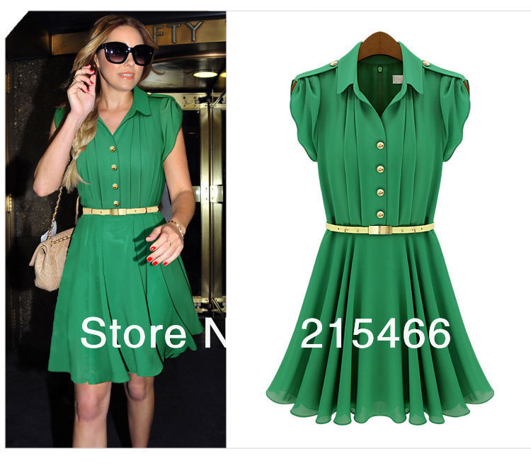 2013 New Summer Lady Fashion Chiffon Dress with Sashes Buttons SLim Waist Elegant Turn-down Collar Good Quality Free Shipping