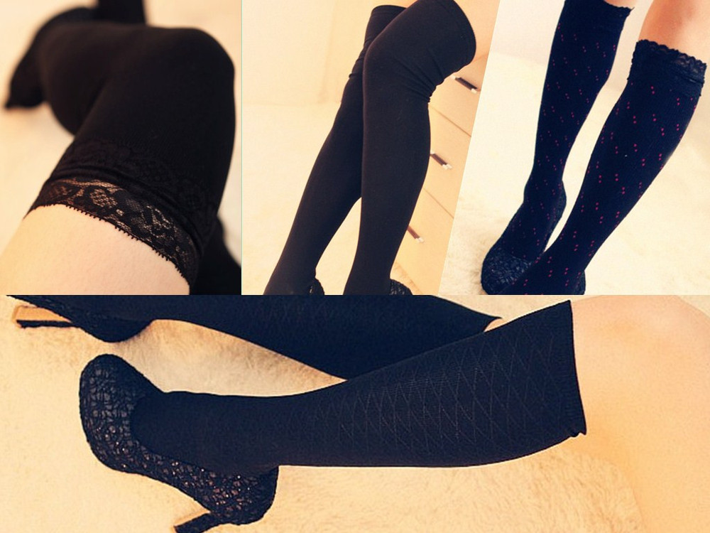 2013 New Summer Women Sexy Lace Top Solid Color Black Thigh Highs Knee Socks Fashion Free Shipping