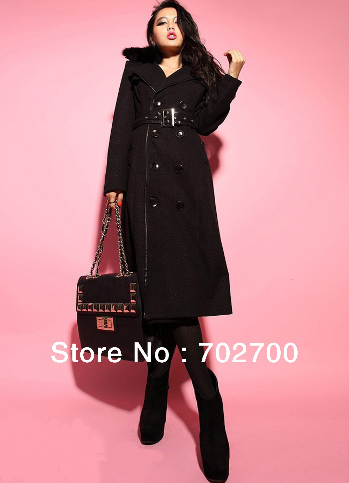 2013 New Vintage Military Stylish Rabbit Hair Collar X-Long Trench Coat For Women With Free Belt