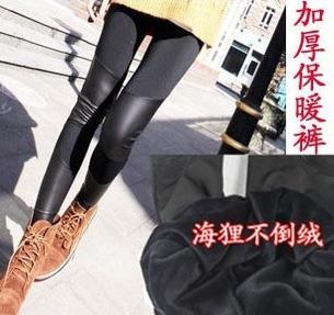 2013 new Warm double-thick section of cotton knee stitching faux leather mink cashmere leggings