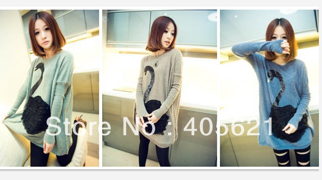 2013 new winter Sweet Korean women swan beads embroidery loose sweater, lace bat sleeve sweaters Free Shipping