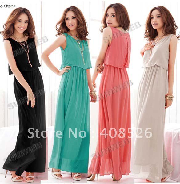 2013 New Women Bohenmia Pleated Wave Lace Strap Princess Chiffon Maxi long dress Four Colors Hot Sell FREE SHIPPING 3694