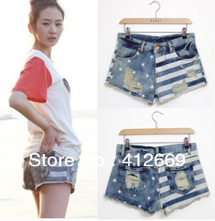 2013 New Women  Fashion Straight hole Jean Short Pants ,Slim thin frayed Stars Stripes Flag Printed Denim Shorts