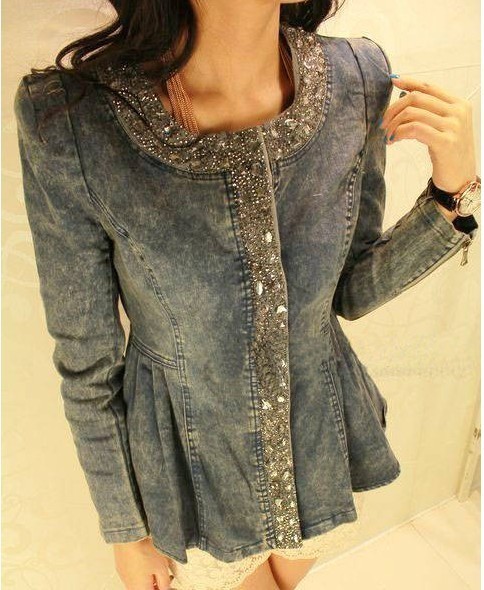 2013 New Women rhinestones denim Jacket  Sequined zipper fashion o-neck long-sleeve slim denim coat Outerwear QY13012307