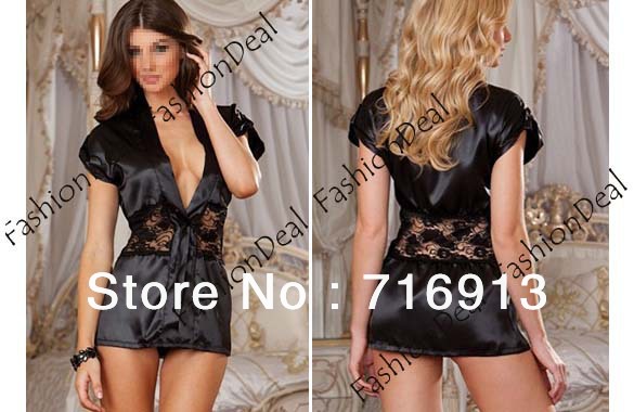 2013 New Women's Black Satin Sexy Lingerie Fashion Pajamas Dress Lace Detail and G-String Robe Sleepwear Free Shipping 2017