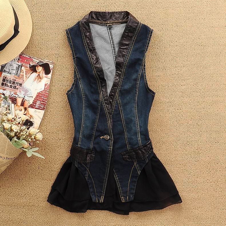 2013 New Women's Denim& Leather Patchwork Chiffon Slim One Button Vest Fashion Long Denim Vest for Lady