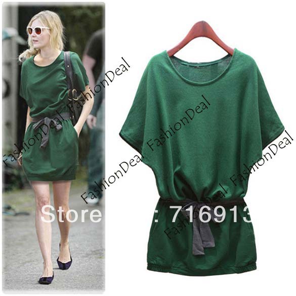 2013 New Women's Lady Fashion Batwing Dolman Mini Casual Cotton Short Sleeve Dress Green Free Shipping 7310