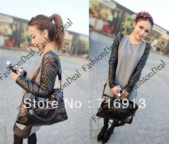 2013 New Women's Lady Fashion synthetic leather Long Sleeve Worsted Dress Gray Free Shipping 8780