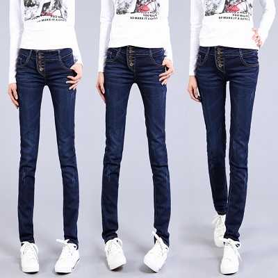 2013 New Women's Lady Jeans Plus Size Buttons Distrressed jeans Female slim skinny Pencil Pants Dark Blue Trousers Free Shipping