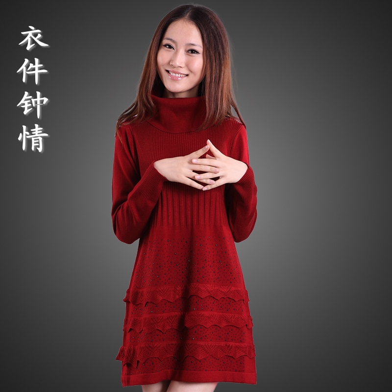 2013 new women's long-sleeve medium-long turtleneck one-piece dress sweater basic slim sweater geometry