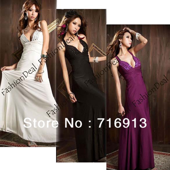 2013 New Women's Sexy Low Cut V-neck Strappy Backless Jewel Full-length Evening Gown Long Dress Free Shipping 3590