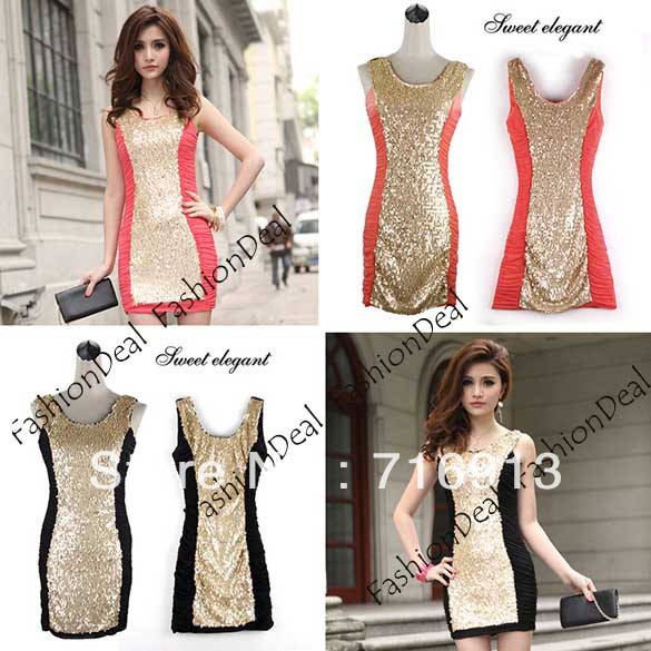 2013 New Women's Sexy Paillette Round Collar Sleeveless Backless Mini Dress Skirt Party Club Dress 2Colors Free Shipping 10304