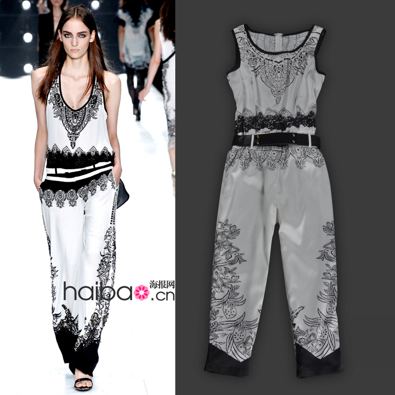 2013 new women's sleeveless vest shirt+pants fashion restore ancient ways print Harlan vest jumpsuits free shipping 3189