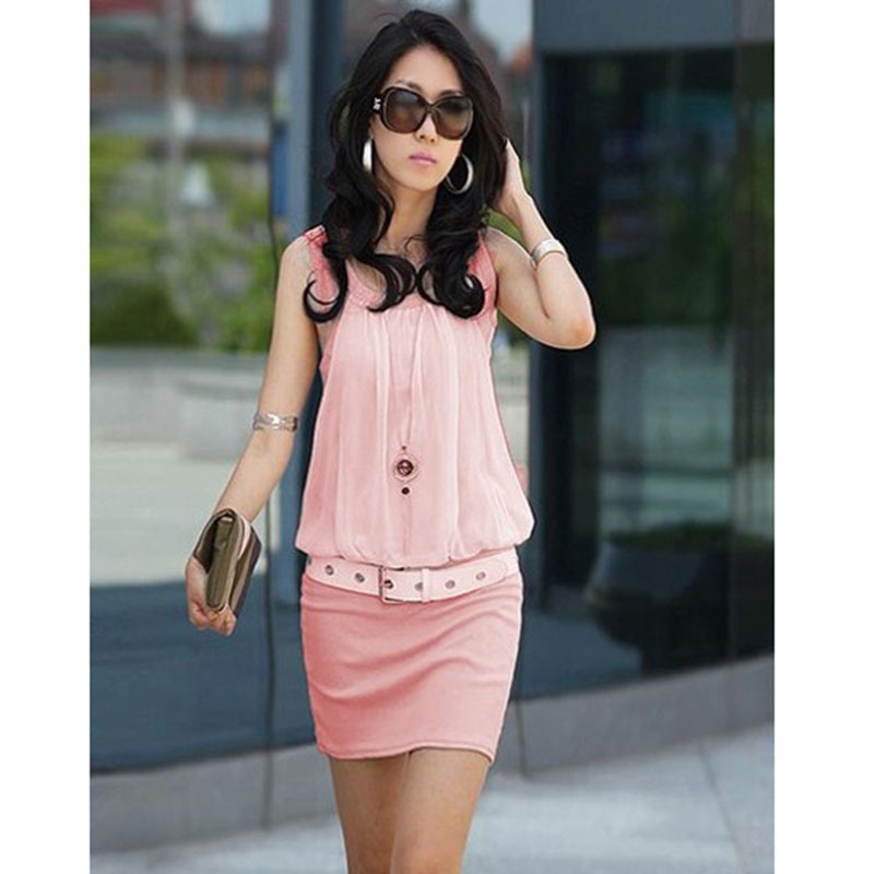 2013 New Women's Summer Women Mini Dress Crew Neck Chiffon Sleeveless Causal Tunic Sundress Pink , Free Shipping Dropshipping