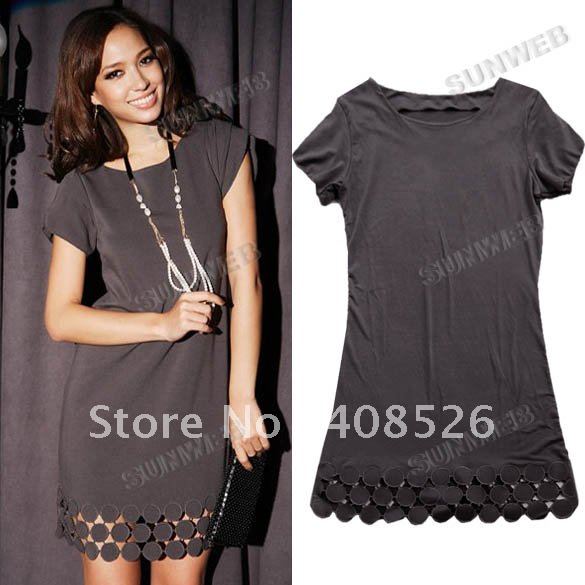 2013 New Women Stylish Fashion Tulip Cuff Circle Gray Mini Cotton Dress free shipping 3957