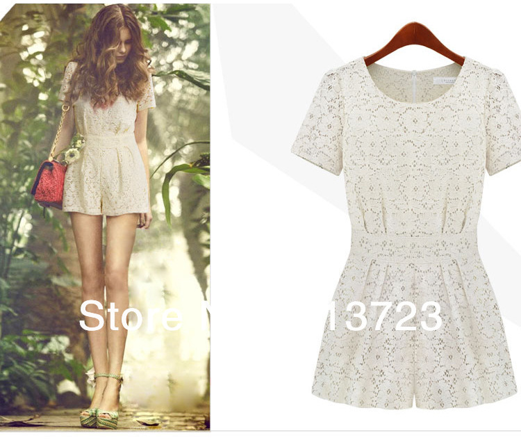 2013 New Women Summer Dress Fashion Slim Short-sleeve O-neck White Lace Lady Jumpsuit Cute Women Jumpsuit Rompers 457