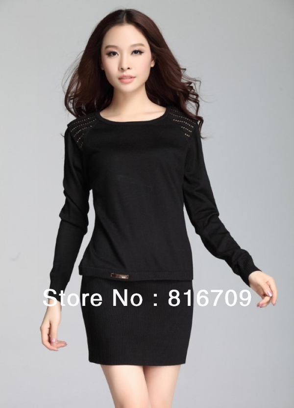 2013 New Women Sweater Dress Top Grade Office Lady Long Dress with Luxurious Imitation Diamond 3 Color Pullovers Free Size