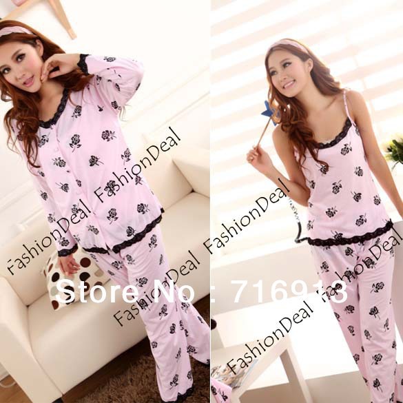 2013 New Women V-neck Rose Floral Pattern Print Sleepwear Sleep Three-piece Clothes Pajama Set 3 Sizes Free Shipping 11098