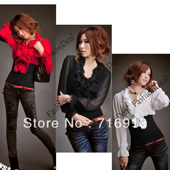 2013 New Womens Lady Fashion Long Sleeve Top Chiffon Shirt Blouse Tops 3 Colors Free Shipping 5265