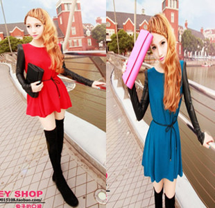 2013 NEW WOMENS spring all-match patchwork knitted high waist dress slim waist leather belt