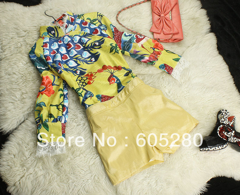 2013 new Wrinkle cotton printed mandarin collar conjoined twin pants SML