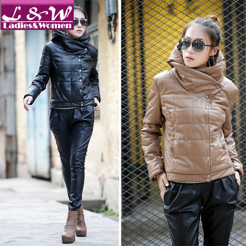 2013 New Year Fashion Women Faux Leather&Suede Apparel Jacket Warm Winter Outwear Hooded Coat Black/Khaki Free Size 13006